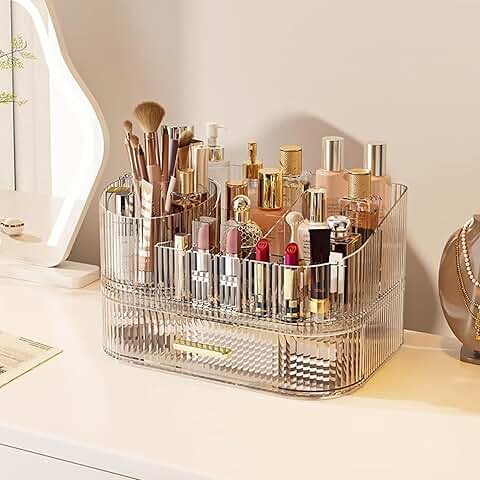 Large 360° Rotating Clear Makeup Organizer with Drawer