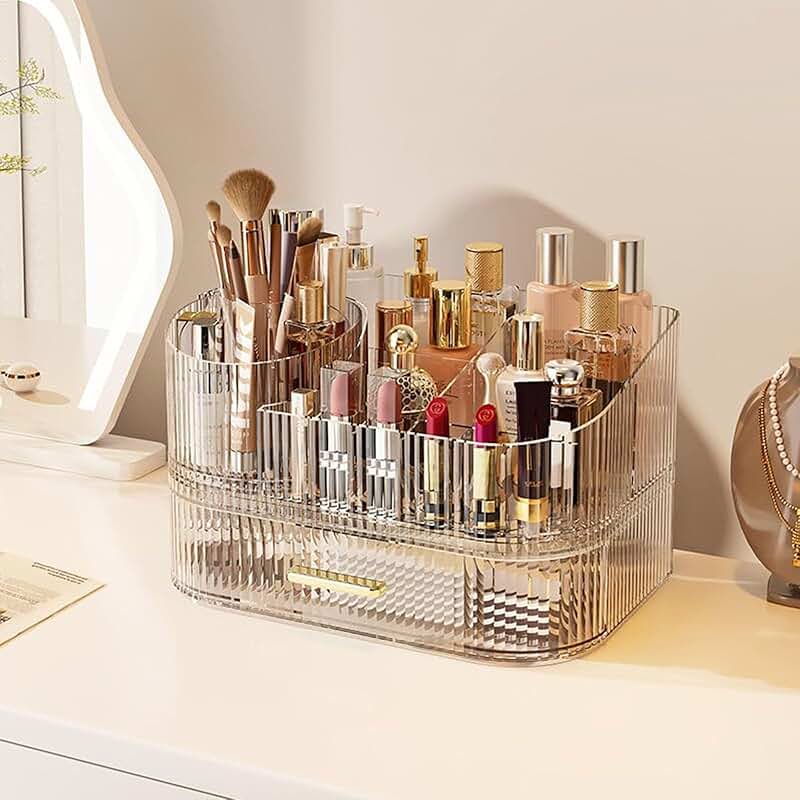 Large 360° Rotating Clear Makeup Organizer with Drawer