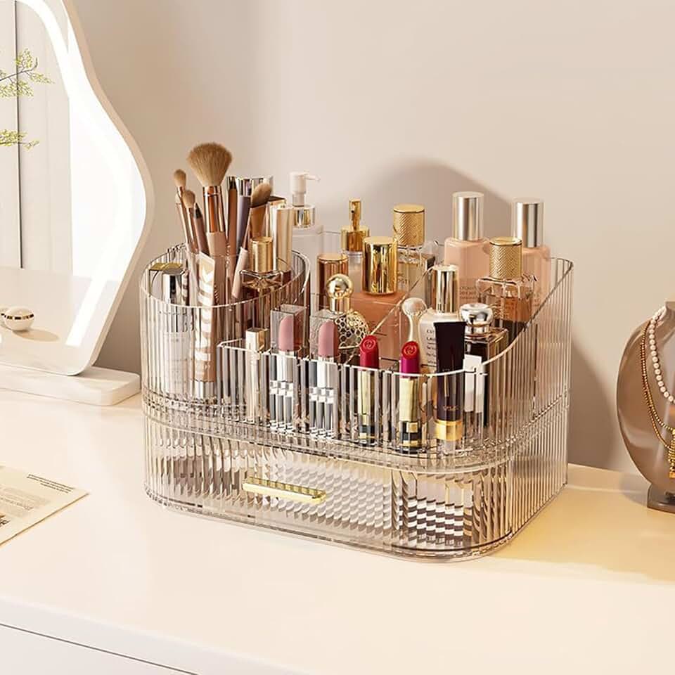 Large 360° Rotating Clear Makeup Organizer with Drawer