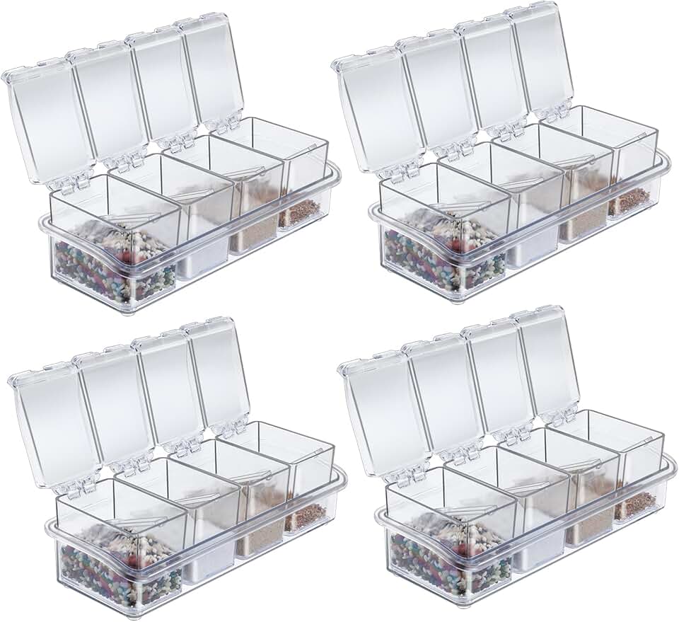 Set of 4 clear seasoning boxes with spoons and 16 spice jars