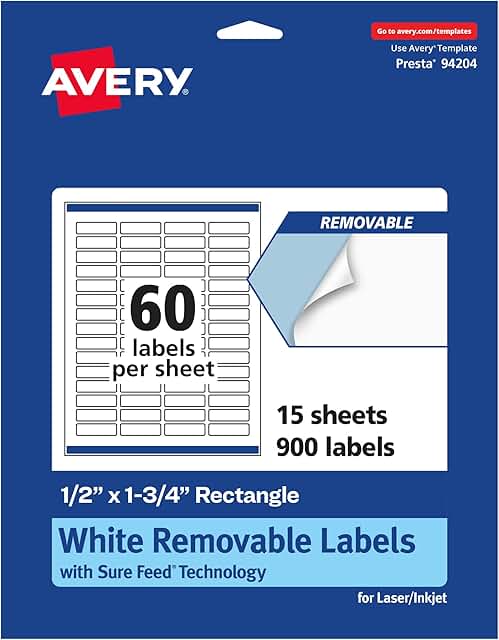 Matte White Removable Rectangle Labels, 0.5" x 1.75", 900 sheets