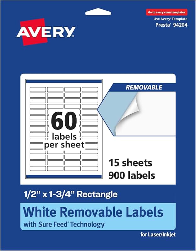 Matte White Removable Rectangle Labels, 0.5" x 1.75", 900 sheets