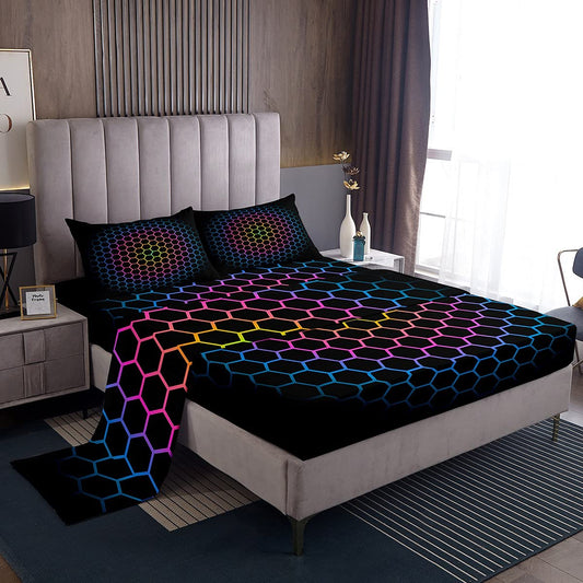 Geometric Bed Sheets Honeycomb Sheet Set for Kids Boys Girls Multicolor Hexagonal Shaped Bed Set Orange Yellow Red Blue Black Decor Sheets Bedroom 4Pcs Full Size