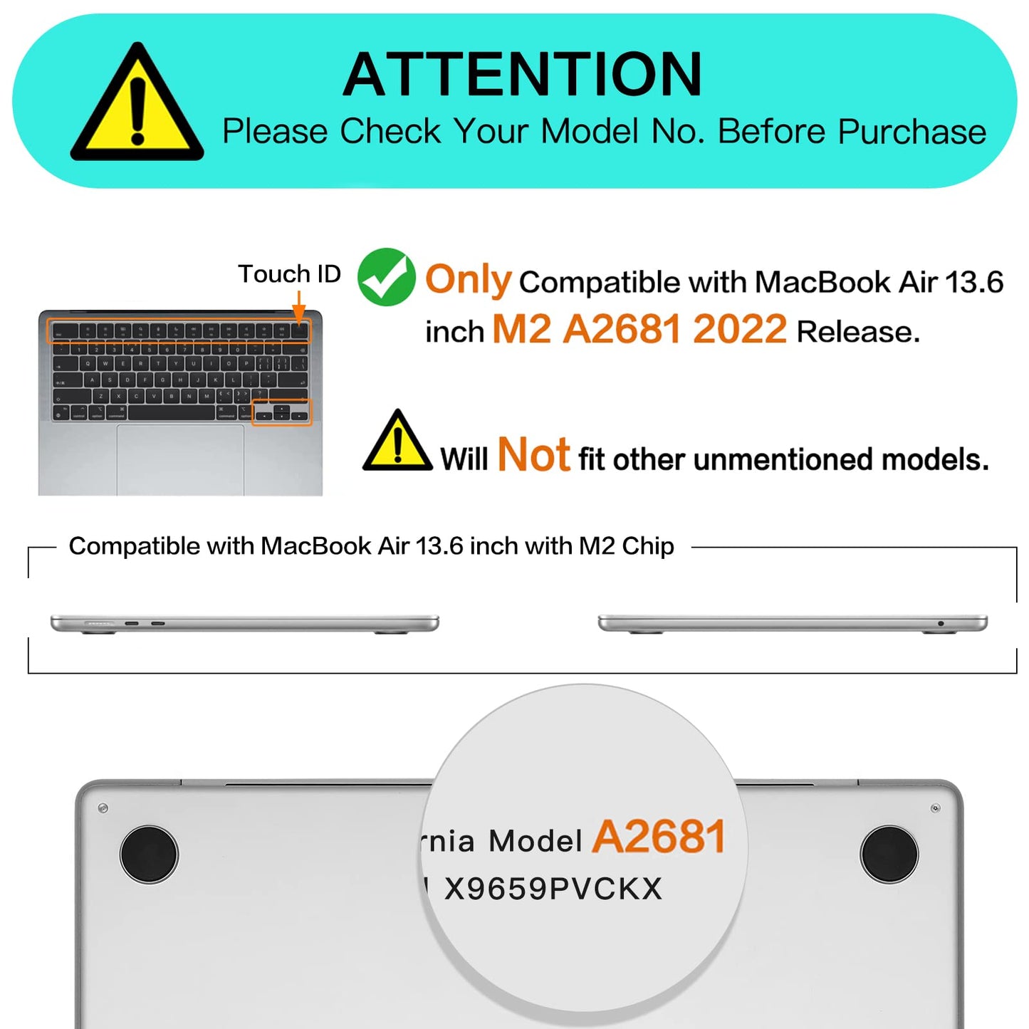 Compatible with MacBook Air 13.6 inch Case 2022 Release A2681 M2 Chip with Liquid Retina Display Touch ID, Plastic Hard Shell Case&Keyboard Cover&Screen Protector&Storage Bag, Crystal Clear