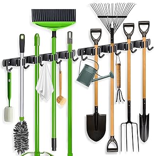 2 Pack Wall Mount Broom Holders with Racks and Hooks