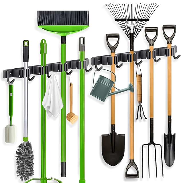 2 Pack Wall Mount Broom Holders with Racks and Hooks