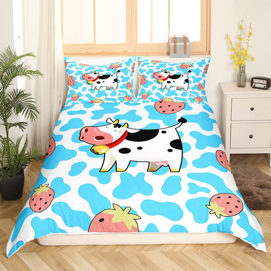 Cow Print Duvet Cover,Cartoon Milk Cow Bedding Sets for Boys Girls Teens Child,Pink Str berry Decor Comforter Cover for Kids Bedroom,Cute Fruit Bed Sets,Farm Animal Quilt Cover,Twin Blue