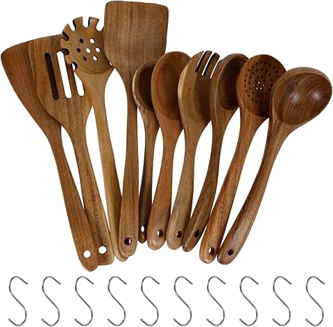 10-piece non-stick wooden utensil set with hooks