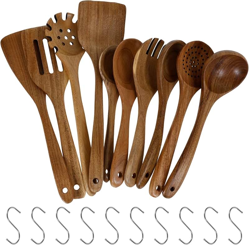 10-Piece Non-Stick Wooden Utensil Set with Hooks