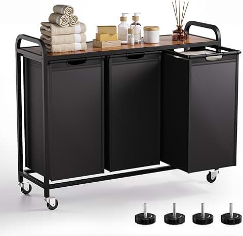 Three-Section Laundry Hamper with Pull-Out Organizer and Wheels