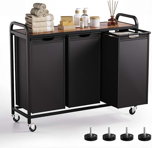 Three-Section Laundry Hamper with Pull-Out Organizer and Wheels