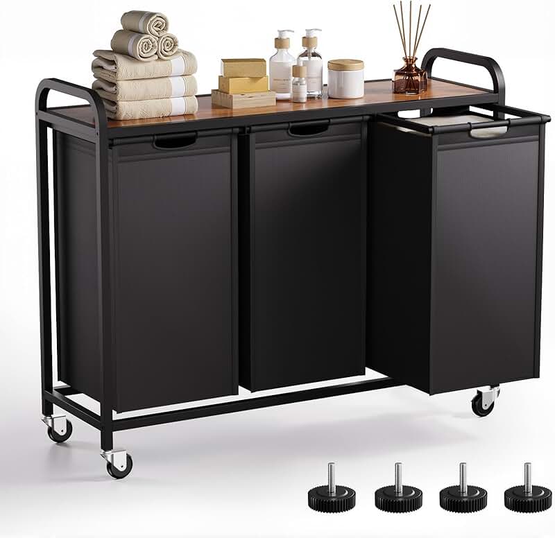 Three-Section Laundry Hamper with Pull-Out Organizer and Wheels