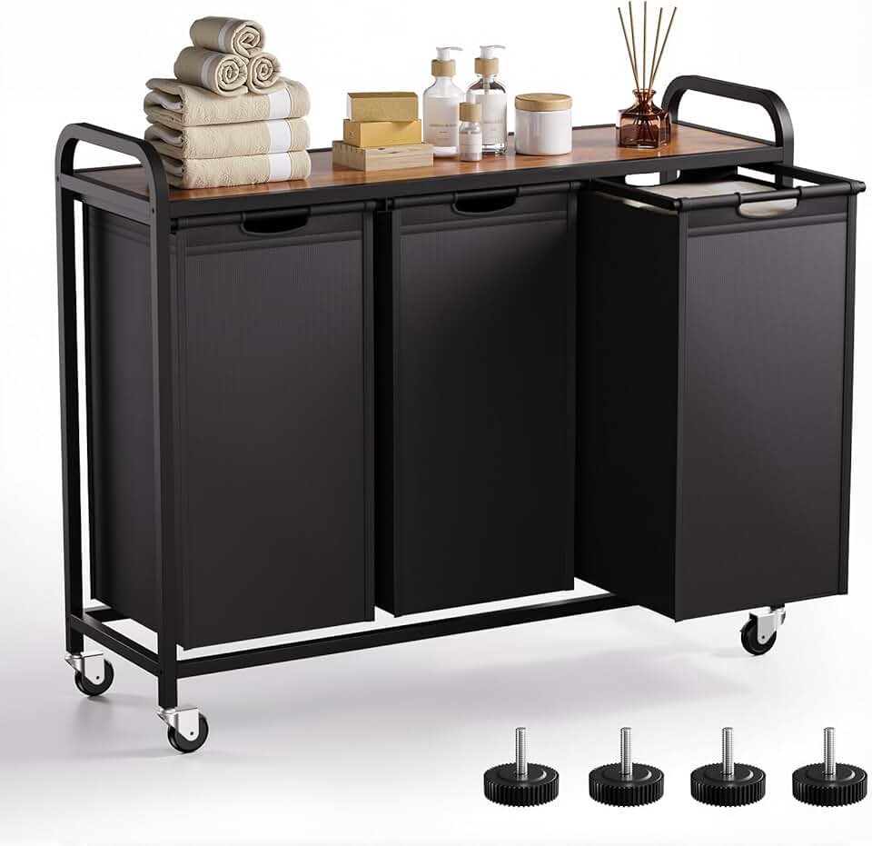Three-Section Laundry Hamper with Pull-Out Organizer and Wheels