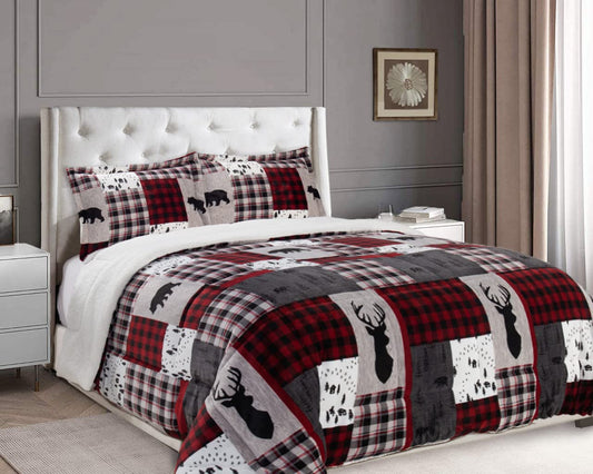 3-Piece Winter Lodge-Patch Sherpa Comforter Soft, Cozy and Durable Quality, Heavy Weight Reversible Down Alternative Micro-Suede, Patch Sherpa Comforter, Full