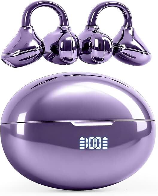 Purple clip-on open ear earbuds with Bluetooth 5.4 and waterproof design