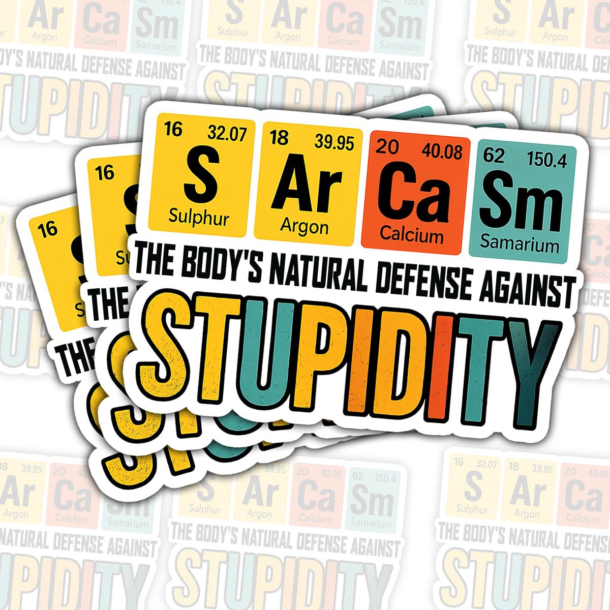 Set of three humorous science joke stickers