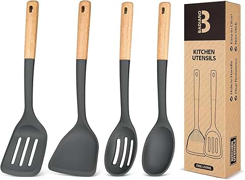 Silicone Cooking Utensils Set with Wood Handles, 4 Pieces