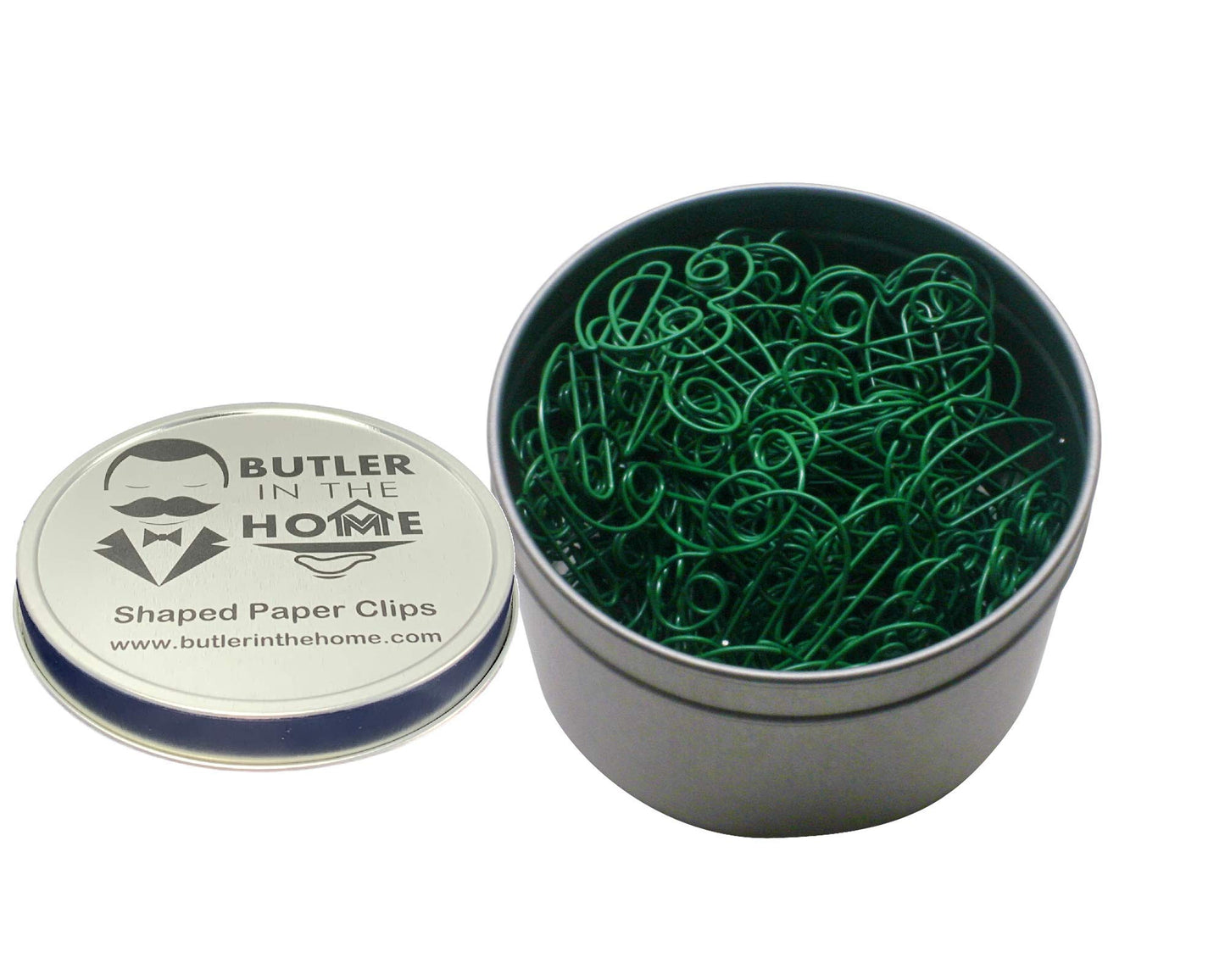 Green frog-shaped paper clips in round tin, 100 count