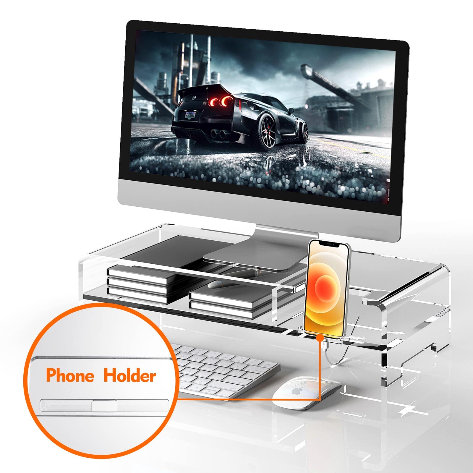 Acrylic Monitor Stand Riser, Wide 20", 2 Tier Computer Stand with Storage, Desk Organizer Desktop Printer Stand Laptop Storage Shelf Screen Holder with Phone Holder(Clear)