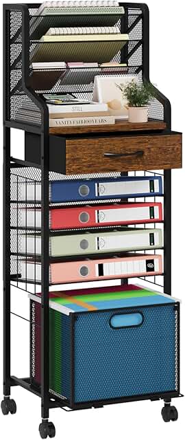 10-Tier Rolling File Cart with Mesh Organizer and Lockable Wheels