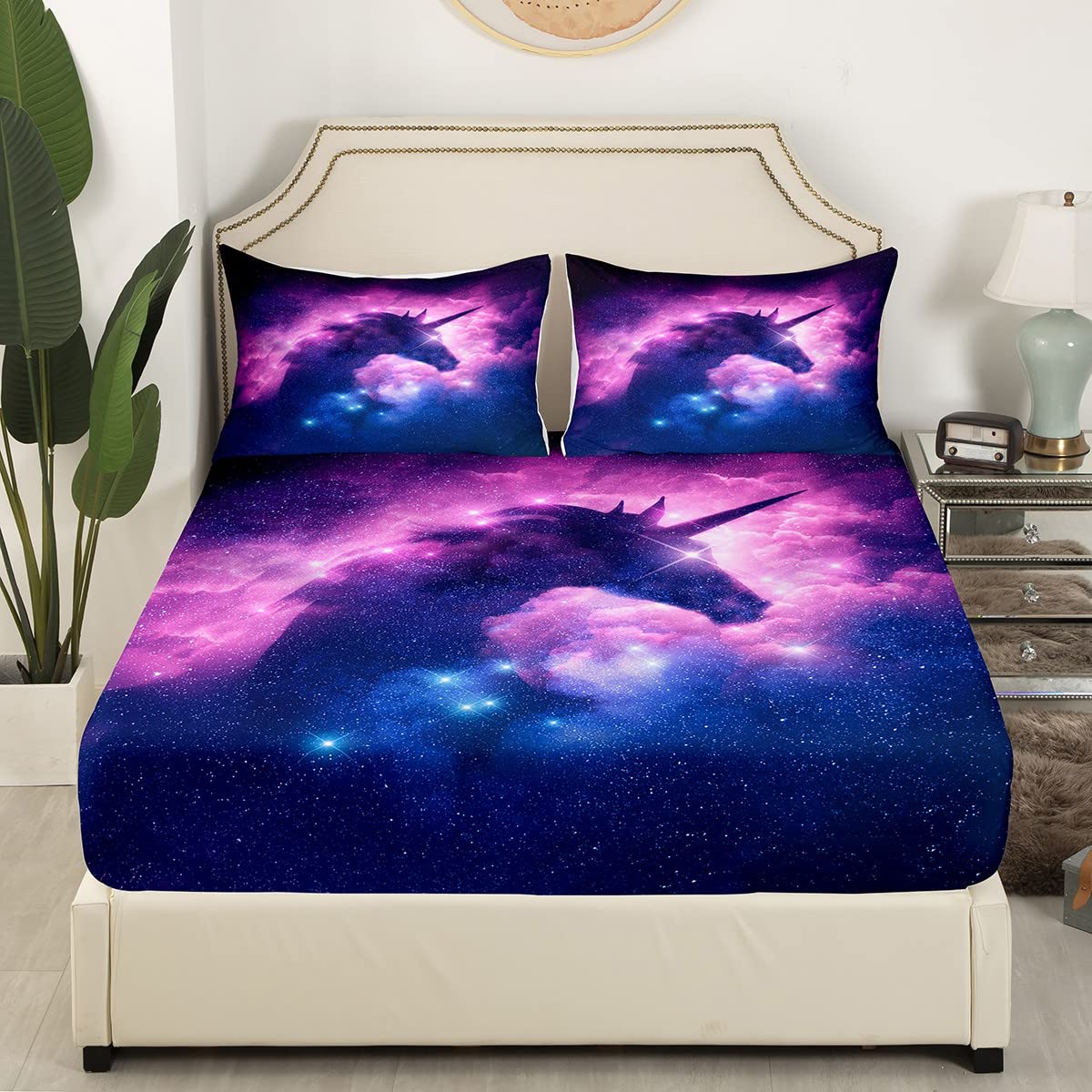 Unicorn Fitted Sheet Full Size, axy Sheet Set, Starry Sky Horse Bedding Set for Kids Boys Girls, Modern Fashion Soft Breathable Home Room Decor, 1 Flat  1 Fitted Sheet With 2 Pillow Shams Purple