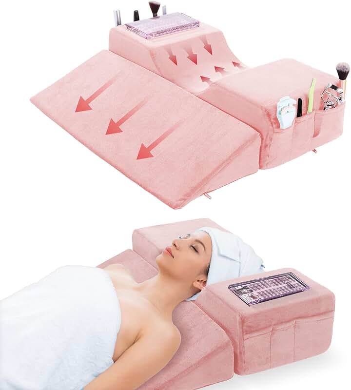 Pink Velvet Eyelash Extension Pillow with Side Pockets