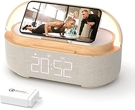 Bluetooth speaker with alarm, wireless charger, FM radio, night light, and phone stand