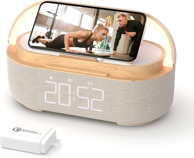 Bluetooth speaker with alarm, wireless charger, FM radio, night light, and phone stand