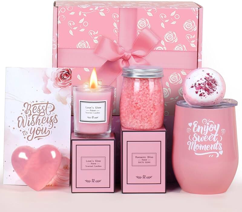 Unique spa gift set for women including bath bombs, salts, candles, soap, tumbler, and thank you cards