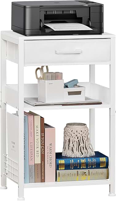 White 3-Tier Printer Stand with Fabric Drawer