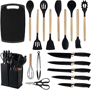 Set of 19 heat-resistant silicone kitchen utensils with knife block and cutting board
