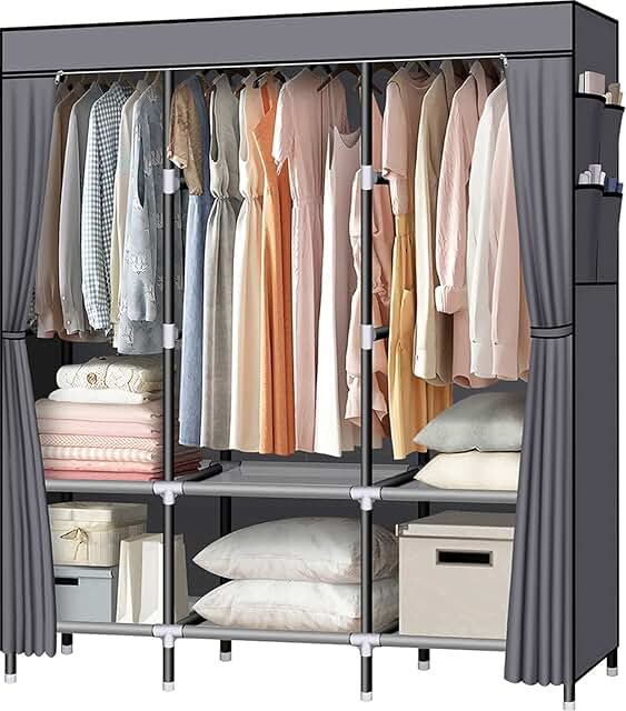 Portable Closet with 3 Hanging Rods and Shelves