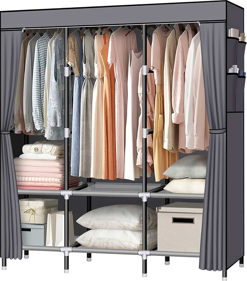 Portable Closet with 3 Hanging Rods and Shelves