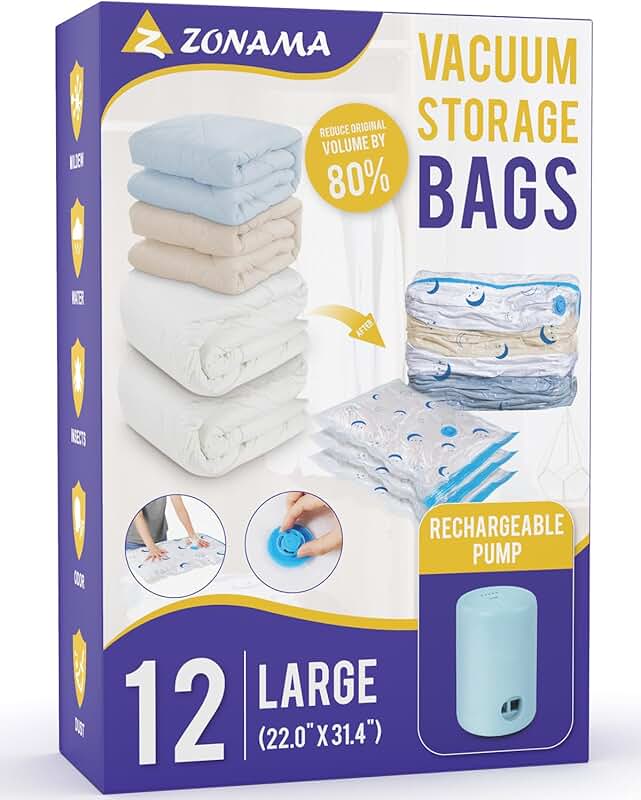 Large Vacuum Storage Bags with Rechargeable Pump, 12 Pack