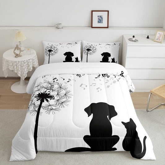 Dandelion Bedding Set,Cute Cat Dog Silhouette Comforter Set for Kids Boys Girls Child Bedroom,Music Note Duvet Insert,2 Pieces Decorative Kitten Puppy Quilted Comforter Twin