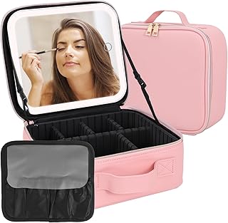 Large Pink Makeup Case with LED Mirror and Organizer