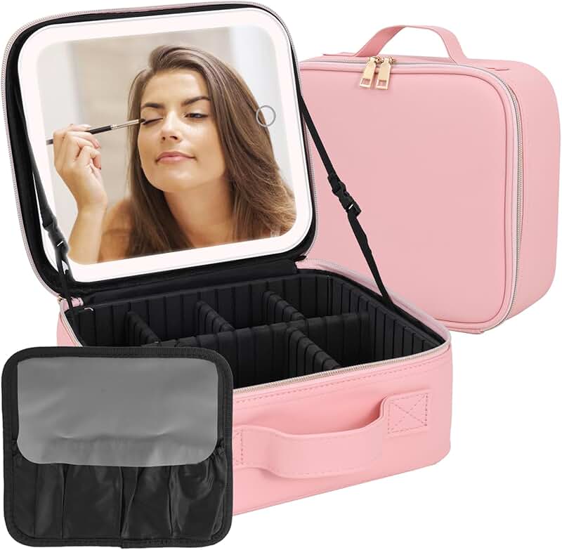 Large Pink Makeup Case with LED Mirror and Organizer