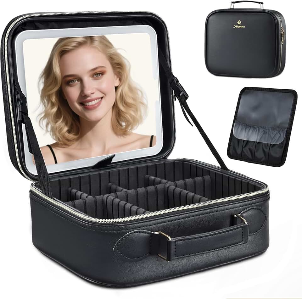 Travel Makeup Bag with LED Mirror and Adjustable Dividers