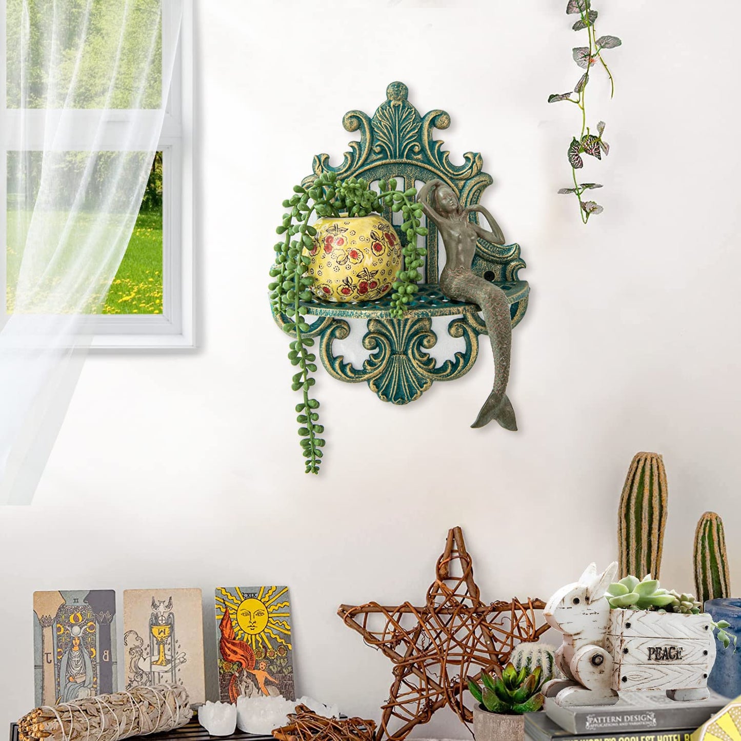 Cast Iron Wall Mounted Floating Shelves, Set of 2 Antique Green Wall Hanging Shelves  Decorative Victorian Metal Wall Shelves  Display Ledge Storage Rack for Living Room, Bathroom, Bedroom