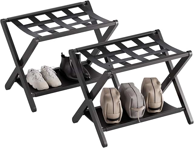 Pack of 2 Folding Bamboo Luggage Racks with Storage Shelf