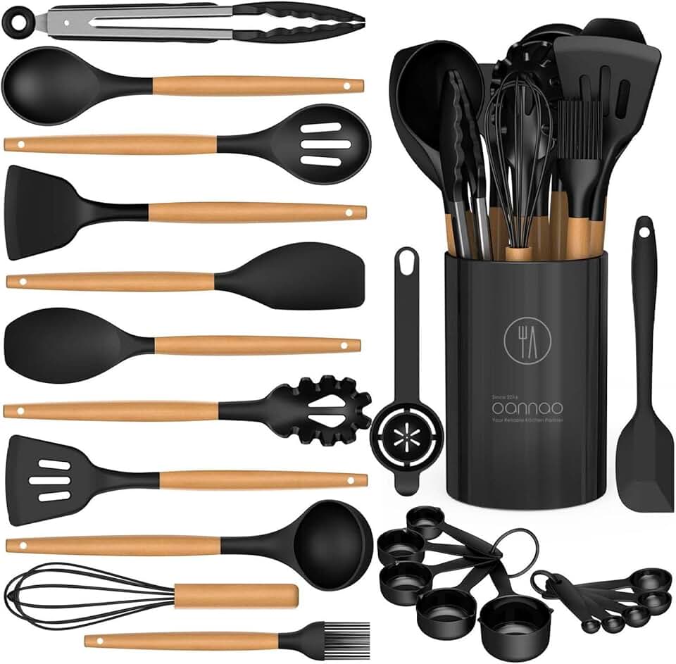 13-Piece Silicone Cooking Utensil Set with Wooden Handles