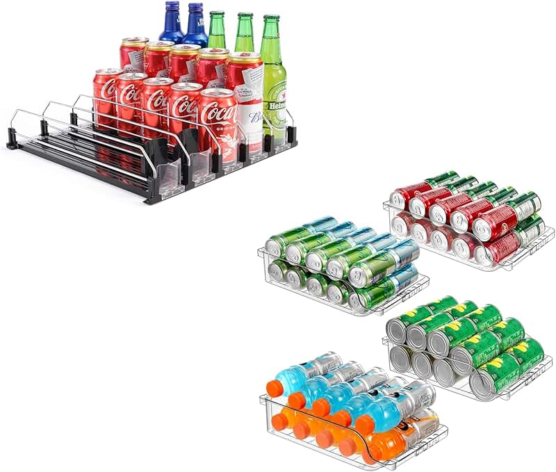 Automatic soda can organizer with adjustable width for refrigerator storage