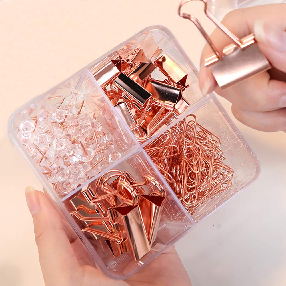 Rose Gold Binder and Paper Clips with Push Pins Set