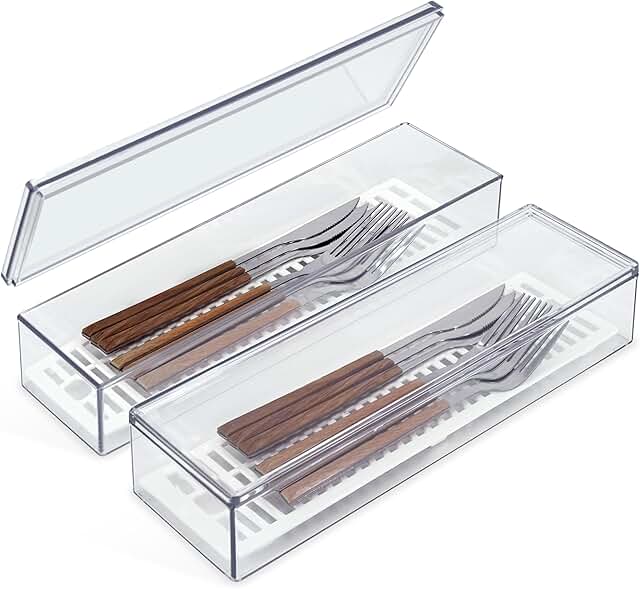 Set of two clear silverware storage boxes with lids