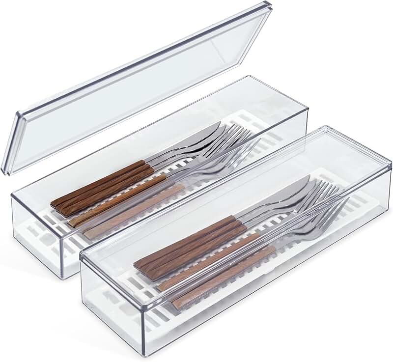 Set of two clear silverware storage boxes with lids
