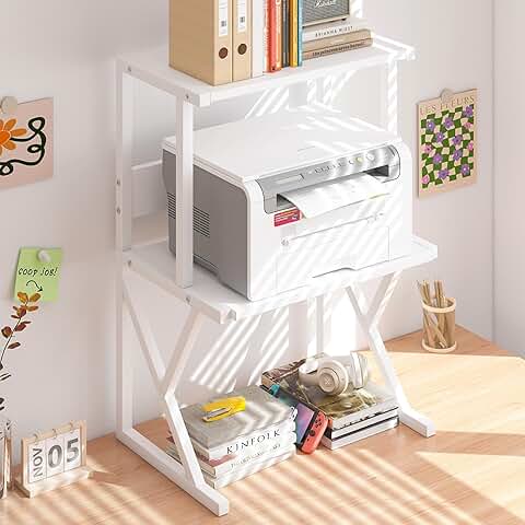 White 3-Tier Desktop Printer Stand with Storage Shelves