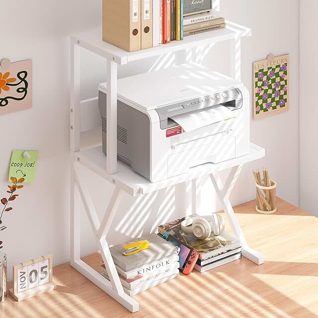 White 3-Tier Desktop Printer Stand with Storage Shelves
