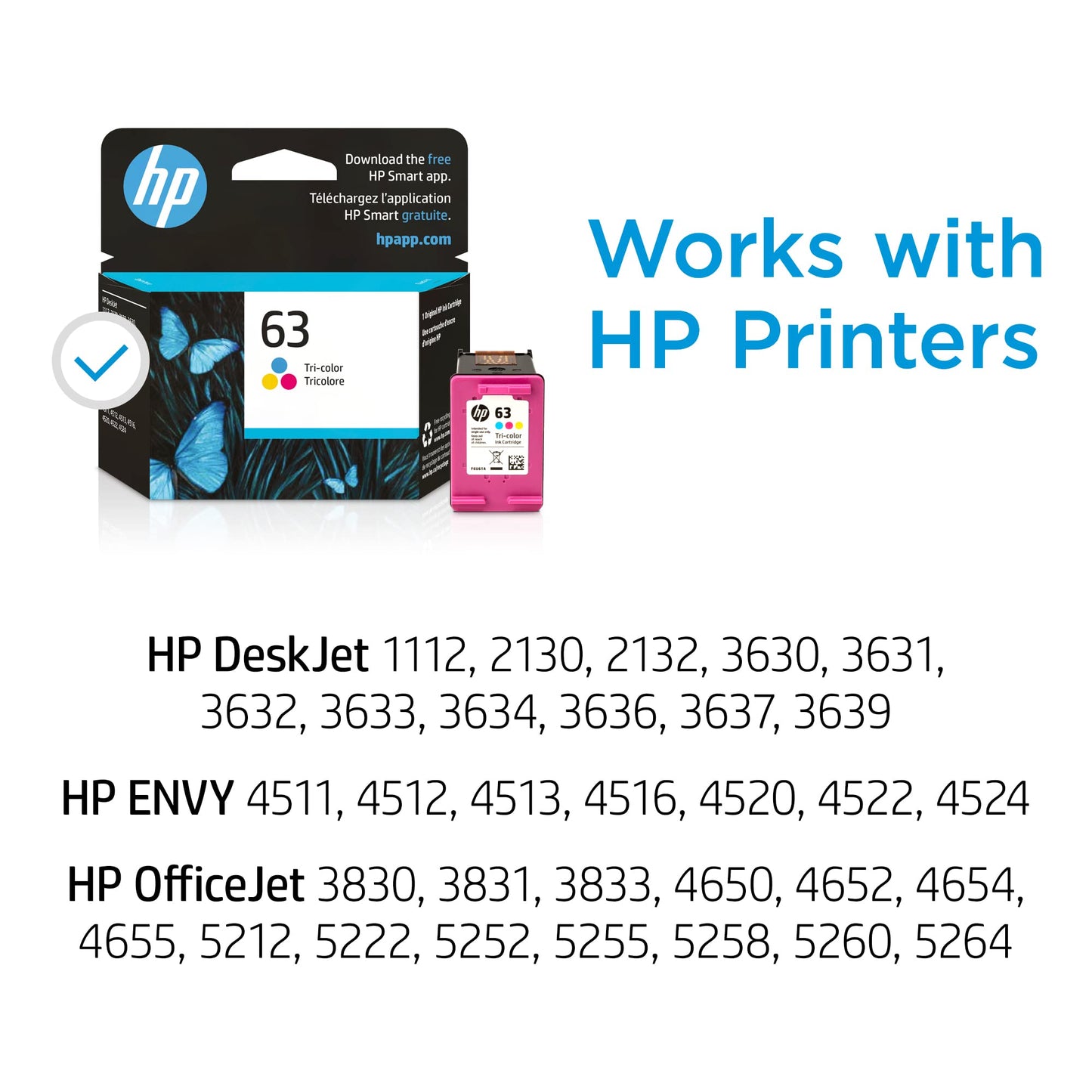 Original 63 Tri-color Ink Cartridge | Works with DeskJet 1112, 2130, 3630 Series; ENVY 4510, 4520 Series; OfficeJet 3830, 4650, 5200 Series | Eligible for Instant Ink | F6U61AN
