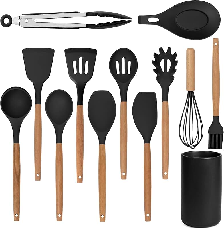 Set of Natural Wood Kitchen Utensils with Spatula Ladle and Fork