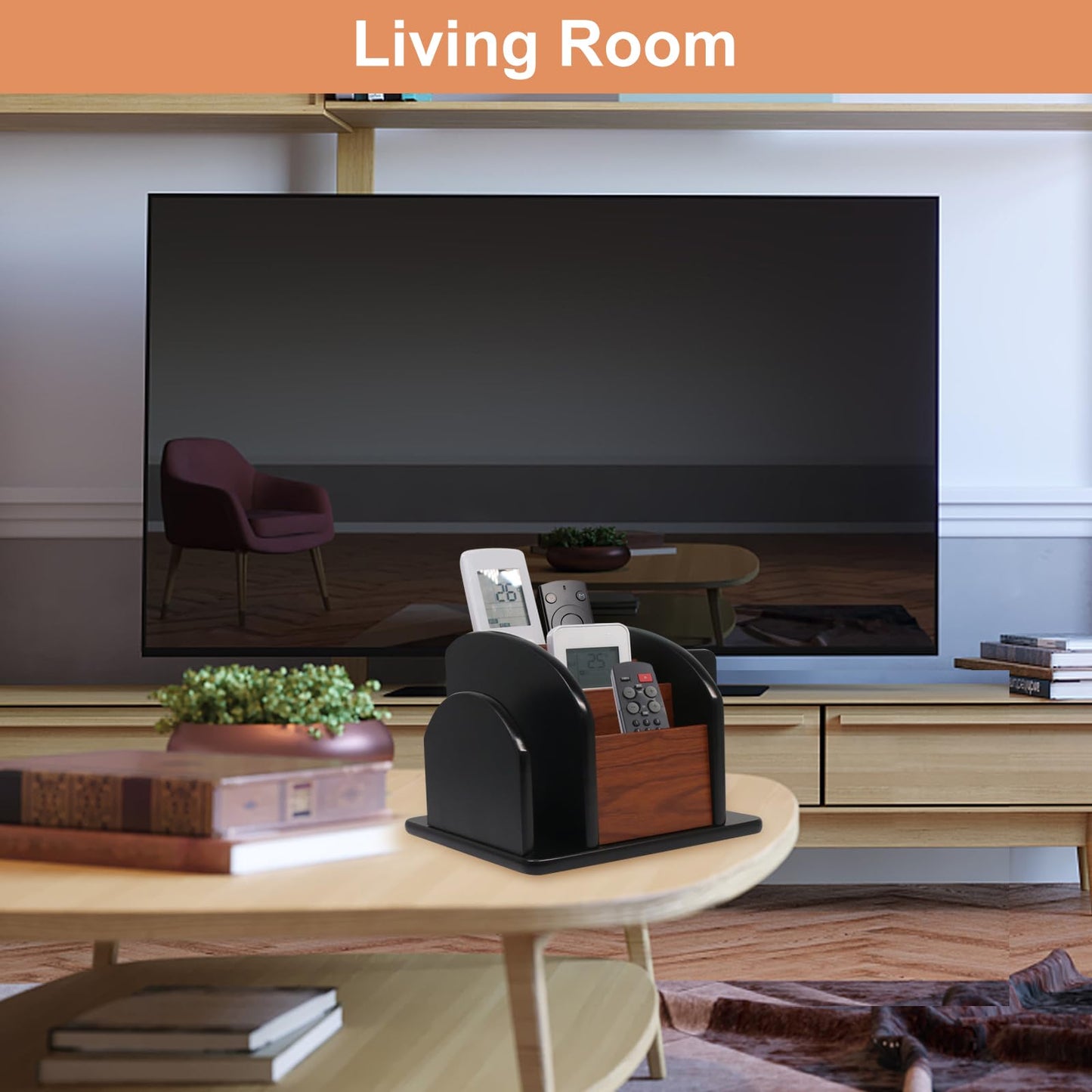 Wooden rotating remote control holder with six compartments